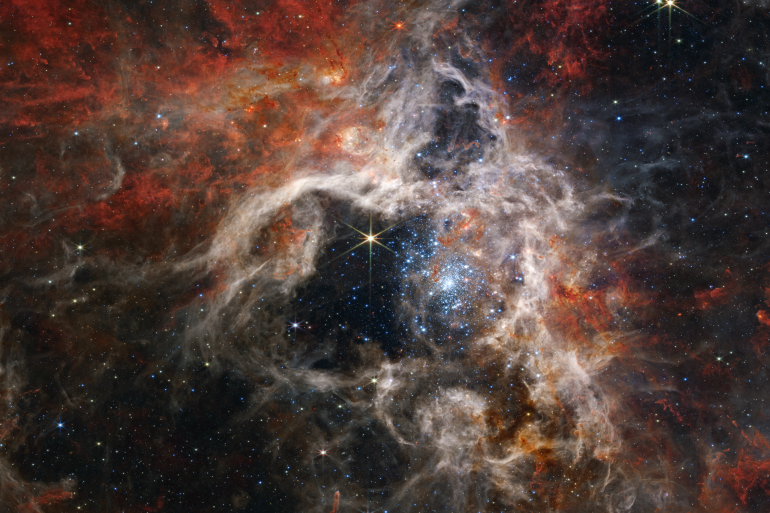 In this mosaic image stretching 340 light-years across, Webb’s Near-Infrared Camera (NIRCam) displays the Tarantula Nebula star-forming region in a new light, including tens of thousands of never-before-seen young stars that were previously shrouded in cosmic dust. The most active region appears to sparkle with massive young stars, appearing pale blue. Credits: NASA, ESA, CSA, STScI, Webb ERO Production Team