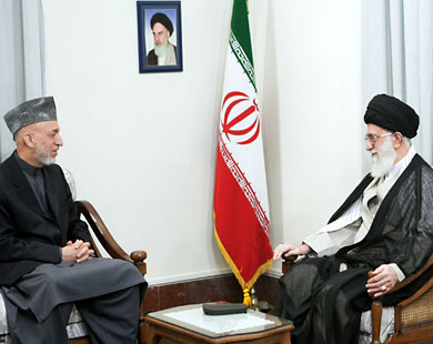 r_Iran's Supreme Leader Ayatollah Ali Khamenei meets Afghan President Hamid Karzai in Tehran June 25, 2011. REUTERS/Khamenei.ir