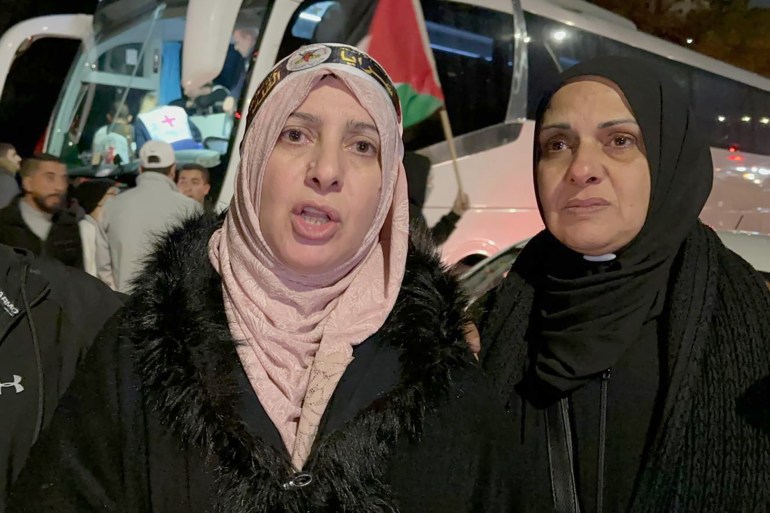 RAMALLAH, WEST BANK - NOVEMBER 28: 50-year-old Palestinian woman Attaf Jaradat (L) speaks to Anadolu after she has been released from Israeli jails in Ramallah, West Bank on November 28, 2023. (Photo by Issam Rimawi/Anadolu via Getty Images)