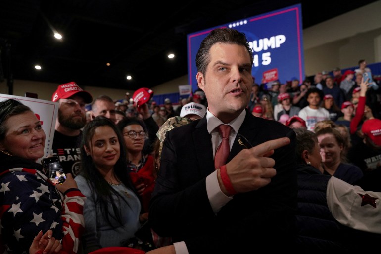 Rep. Matt Gaetz works the crowd before Republican presidential candidate and former U.S. President Donald Trump took the stage during a campaign rally tonight in Richmond, Virginia, U.S. March 2, 2024. REUTERS/Jay Paul